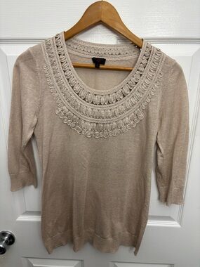 Talbots Taupe Silk/Linen Blend Crochet Trim Scoop Neck Sweater, M